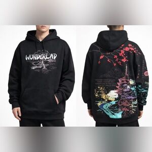 Wonderlad Black Graphic Hoodie Cherry Blossom Pagoda Streetwear Japanese Art 3XL
